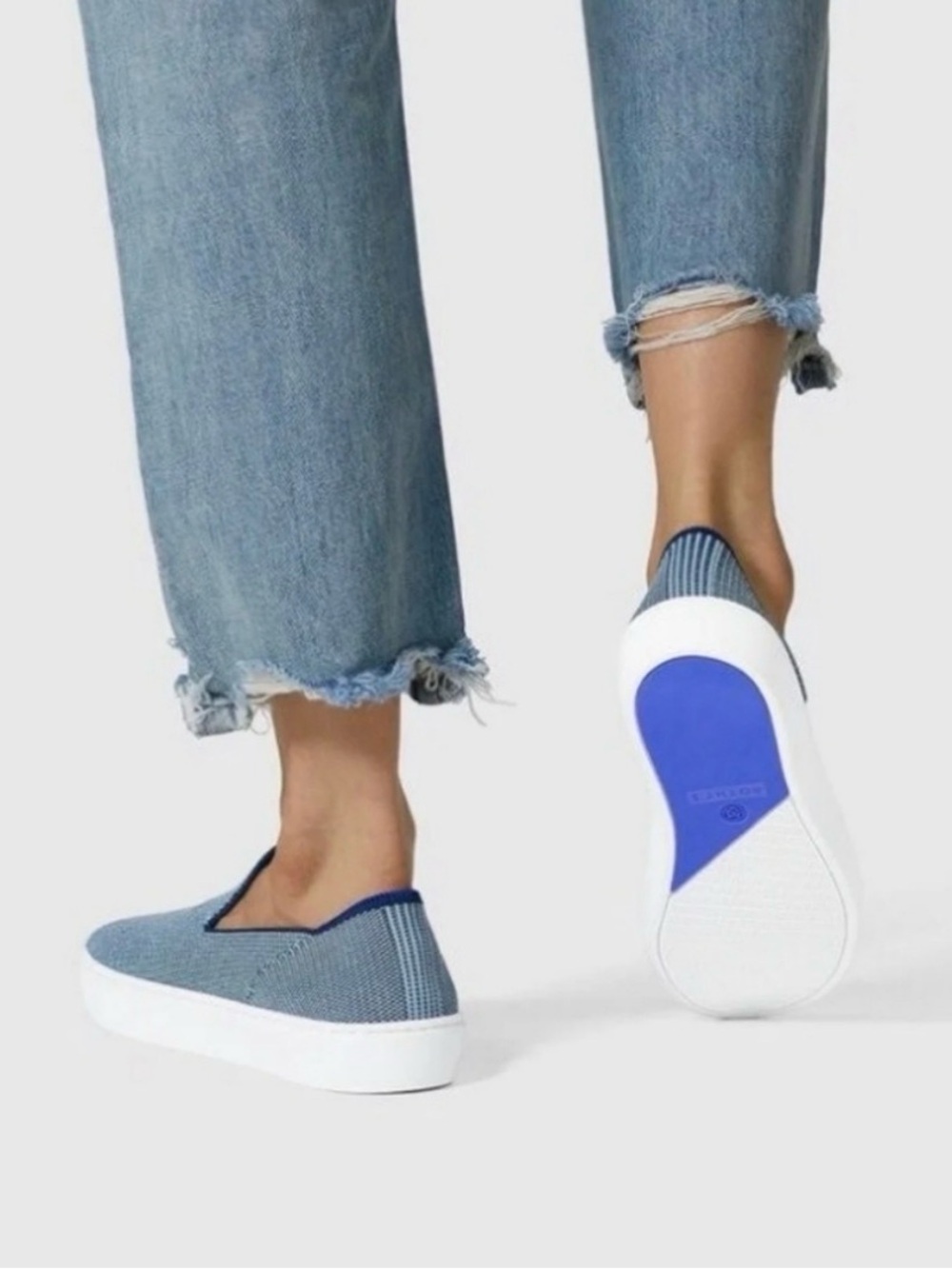 Rothy's Slip-On Knit Sneakers in Light Blue with Navy Trim